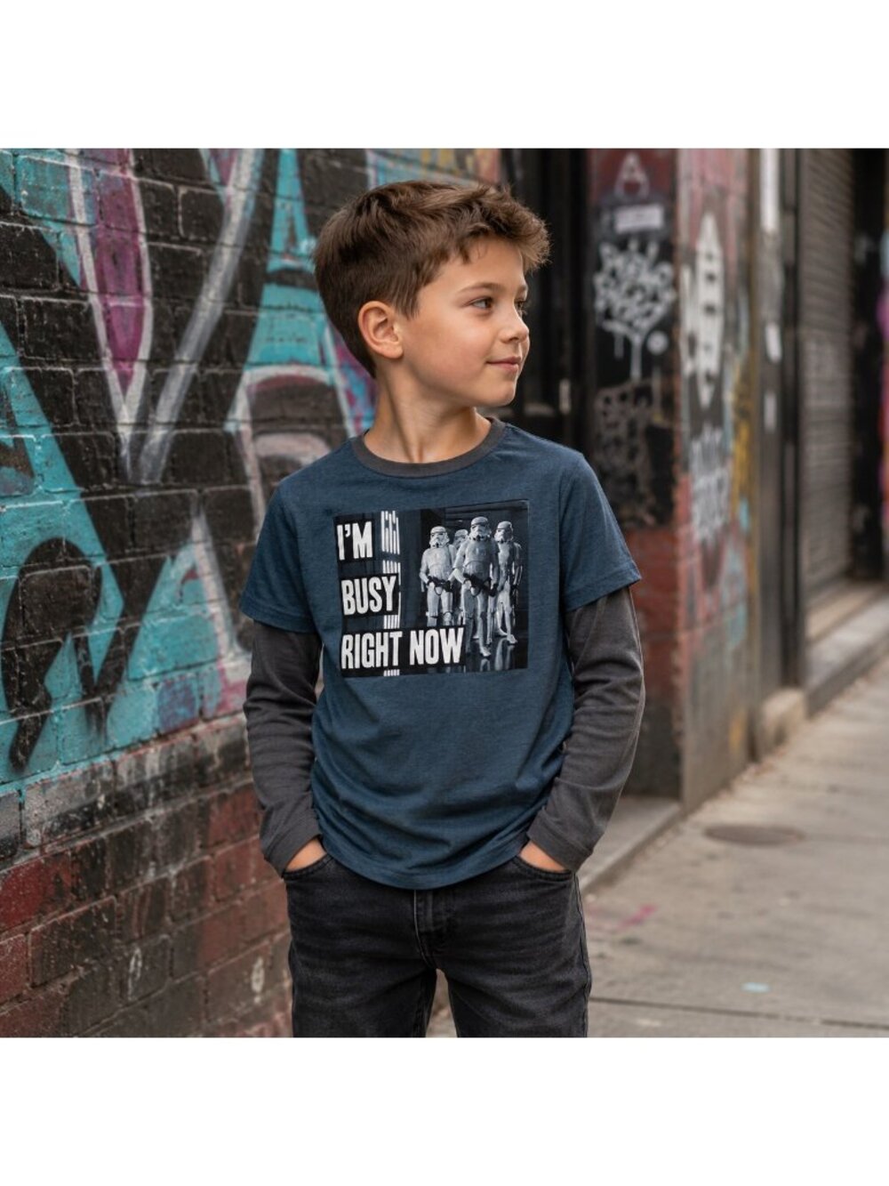 Storm Trooper Tee Youth 2XL Blue Grey I’m Busy Right Now Star Wars Long Sleeve - Picture 1 of 10